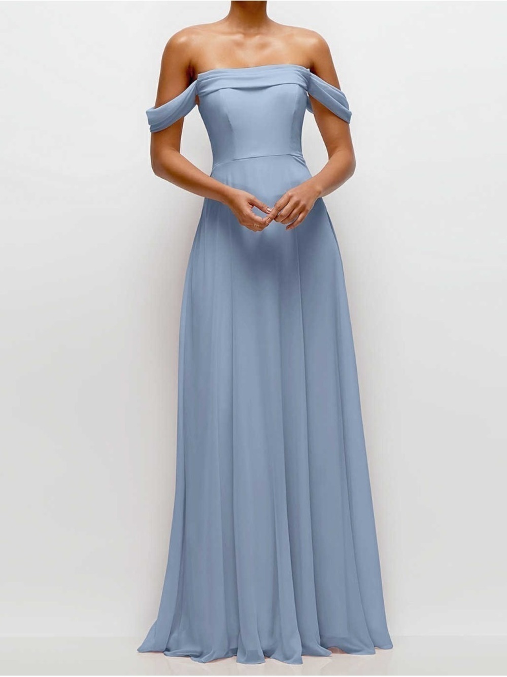 Dessy Group Thread Bridesmaid Off-the-Shoulder Draped Neckline Maxi Dress Cloudy